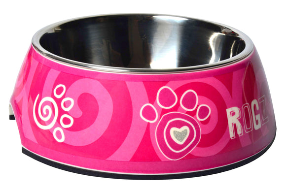 Rogz 2-in-1 Large 700ml Bubble Dog Bowl, Pink Paw Design